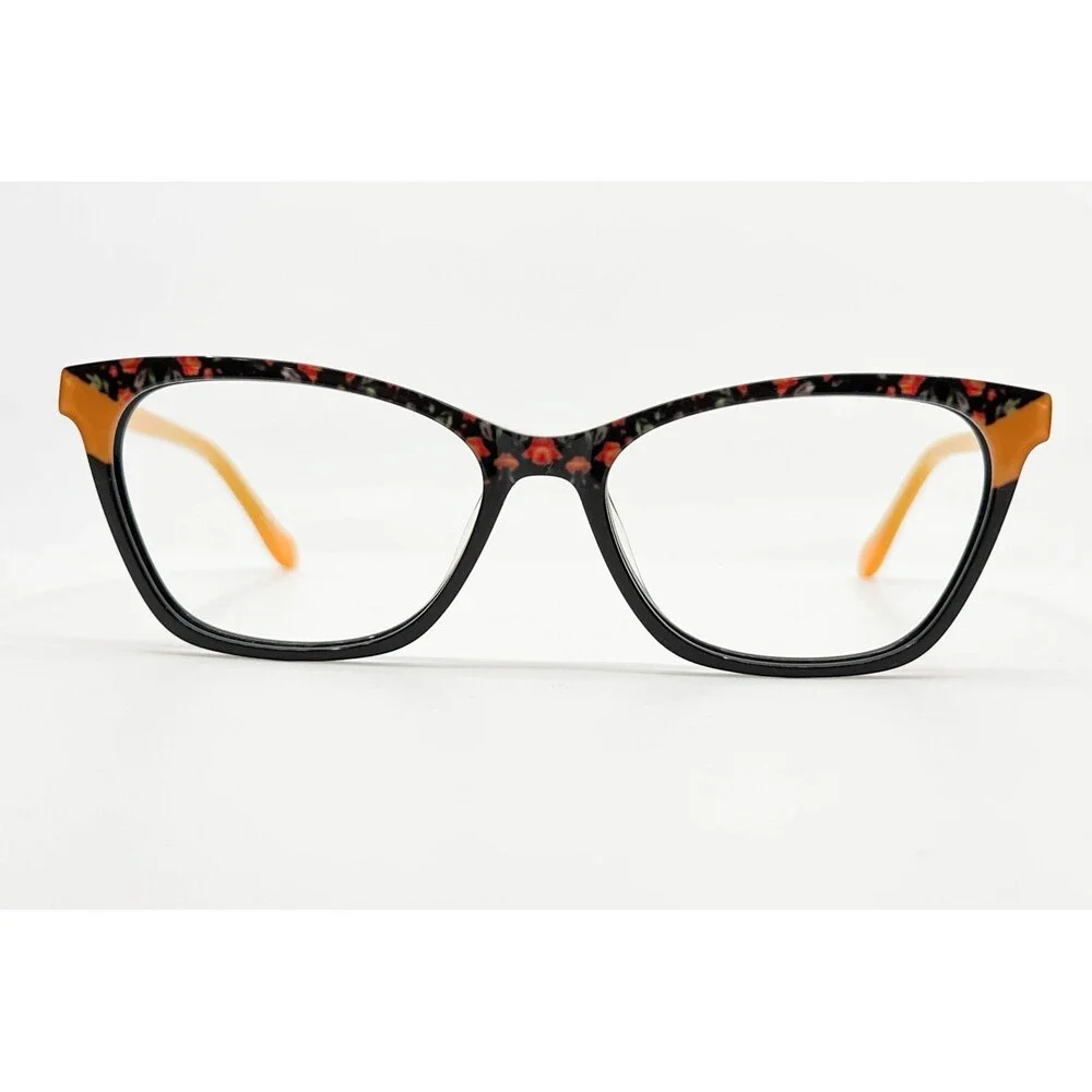 Zenni Eyeglasses Frames Womens Black Orange Floral Cat Eye 52-16-140 44680